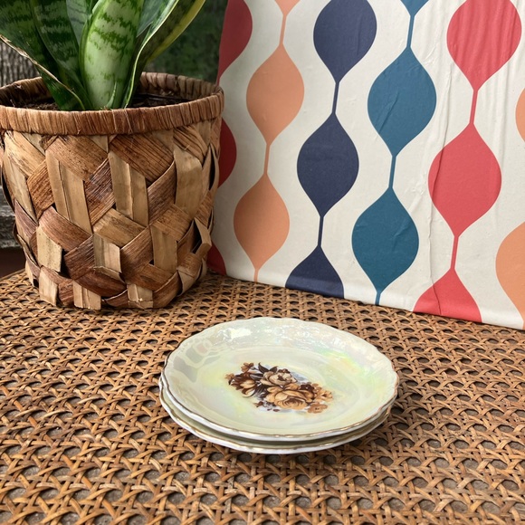 Yellow-Gold Lusterware Tea Porcelain Saucer Set of Two w/Brown Roses - Picture 4 of 10